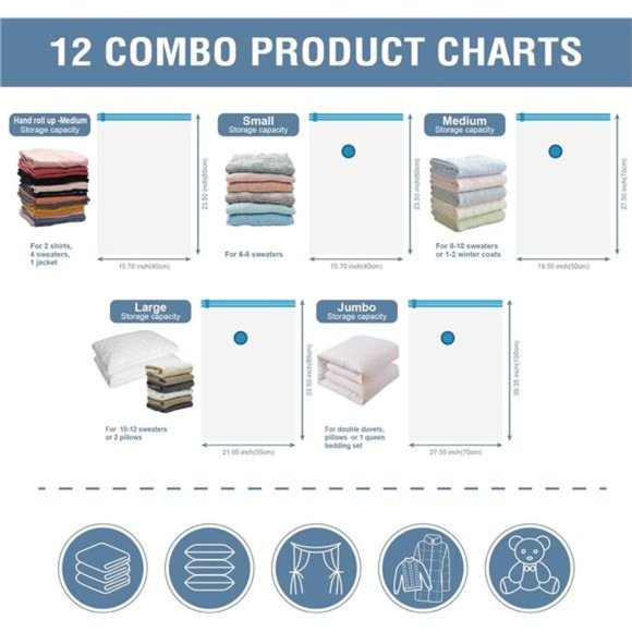 12 Pack Space Saver Bags(2 Jumbo/2 Large/2 Medium/2 Small/4 Roll)Compression Bag - Picture 4 of 7